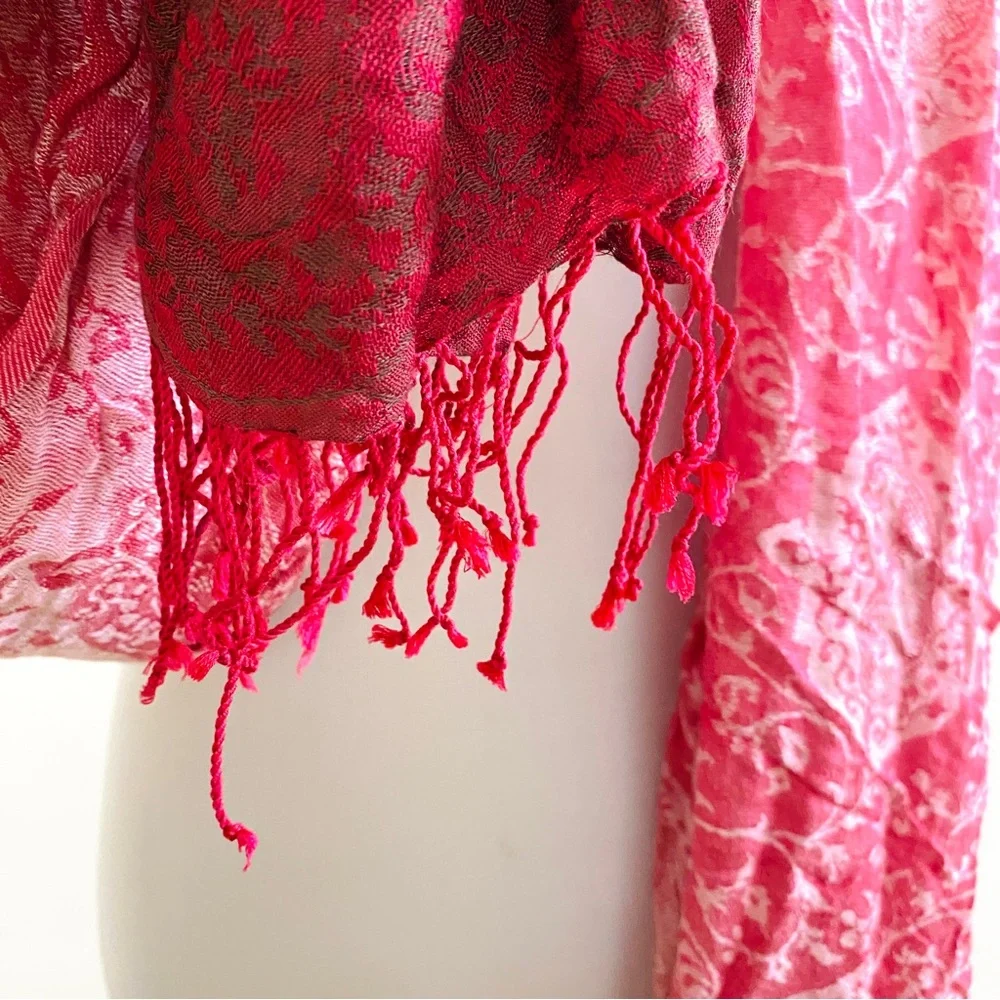 Pink 2 Tone Skinny Scarf Fringes Lightweight Summer Headwear Belt